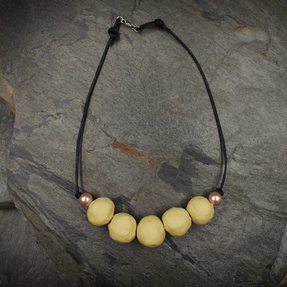 Yellow Statement Necklace with Big Round Handmade Beads - OOAK - Picture 4 of 6